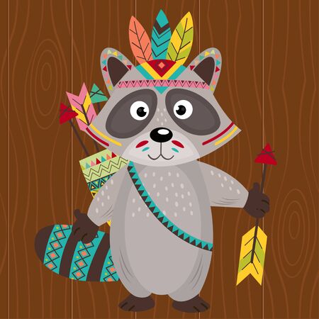 Tribal raccoon on a wooden backgroundのイラスト素材