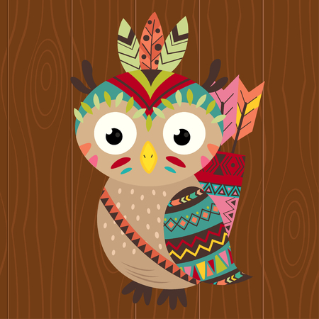 Tribal owl on a wooden background - vector illustration, epsのイラスト素材