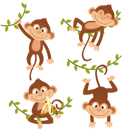 Set of isolated monkey hanging on vine - vector illustration, epsのイラスト素材
