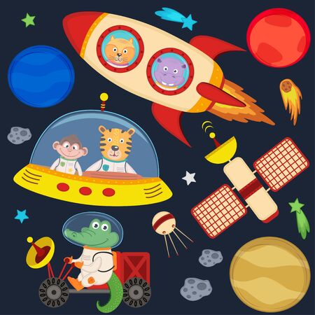 Set of animals in space part 3 - vector illustration, epsのイラスト素材