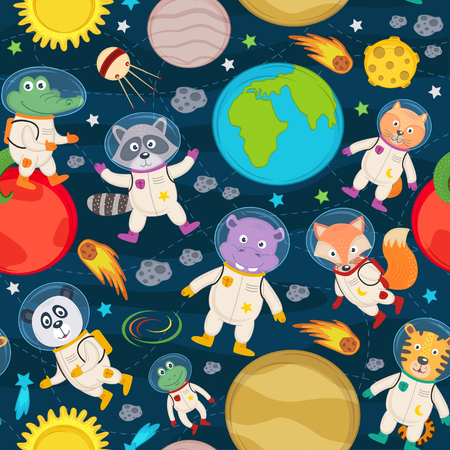 Seamless pattern with animals in space- vector illustration, epsのイラスト素材