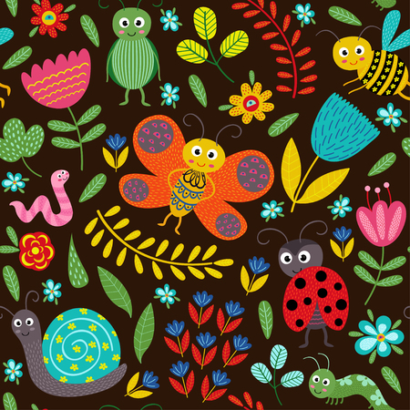 Seamless pattern with insect on black background - vector illustration, epsのイラスト素材