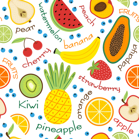 Seamless pattern with fruits and inscriptions- vector illustration, epsのイラスト素材