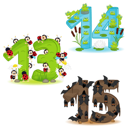 Set of numbers with number of animals from 13 to 15 - vector illustration, epsのイラスト素材