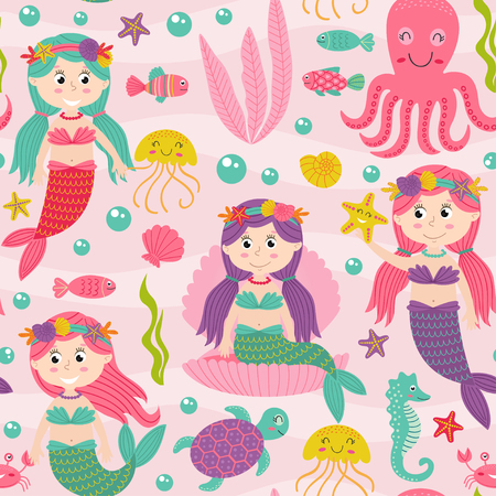 Seamless pattern pink with mermaid and marine animals - vector illustration, epsのイラスト素材