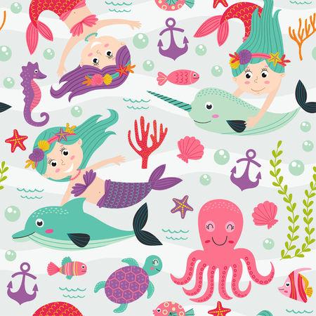 Seamless pattern with mermaid and marine animalsのイラスト素材