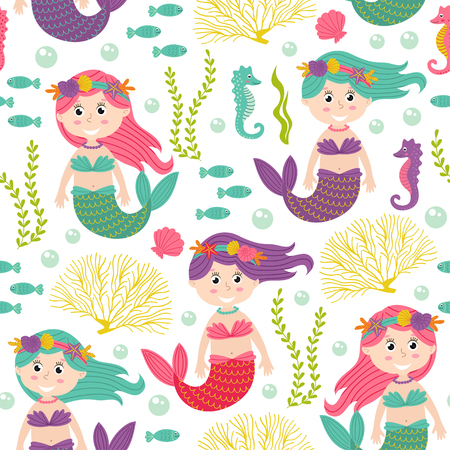 Seamless pattern with mermaid under the sea - vector illustration, epsのイラスト素材