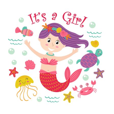 Card with mermaid girl and marine animals - vector illustration, epsのイラスト素材