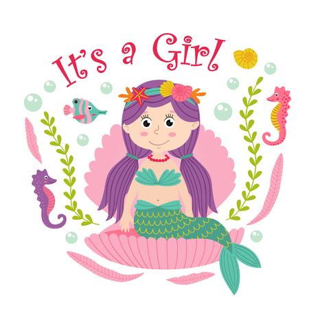 Card with mermaid sits in the seashell - vector illustration, epsのイラスト素材