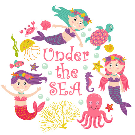 Card with mermaid under the sea - vector illustration, epsのイラスト素材