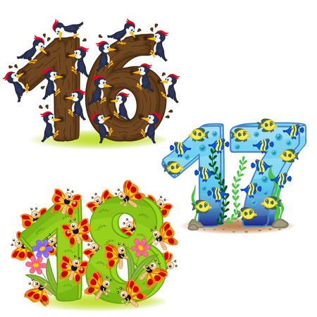 Set of numbers with design of animals from 16 to 18 - vector illustration, epsのイラスト素材