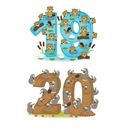 Set of numbers with design of animals from 19 to 20 - vector illustration, epsのイラスト素材