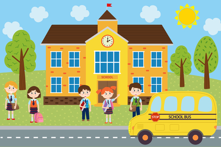 Children near the school are waiting for the bus - vector illustration, epsのイラスト素材