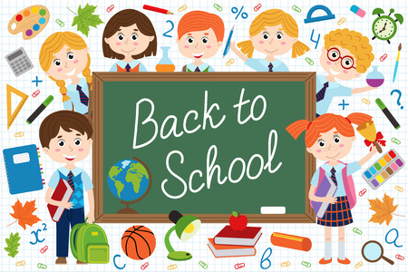 Back to school blackboard with schoolchild and school supplies - vector illustration, epsのイラスト素材
