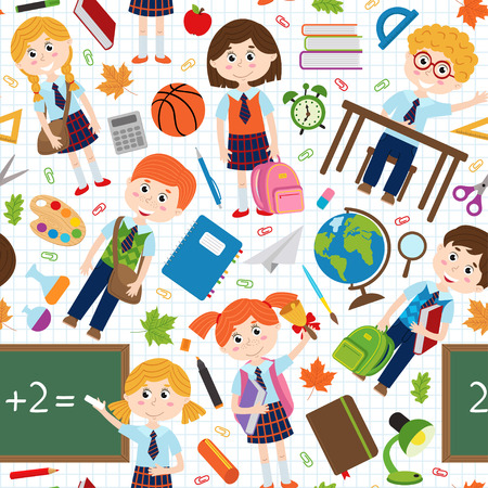 Seamless pattern with pupils and school supplies - vector illustration, epsのイラスト素材