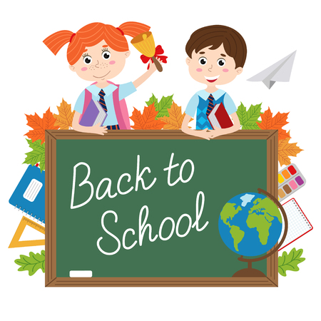 Blackboard with pupils and school supplies - vector illustration, epsのイラスト素材