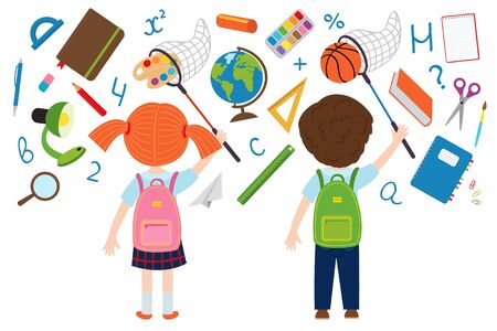 Girl and boy catches of school supplies - vector illustration, epsのイラスト素材