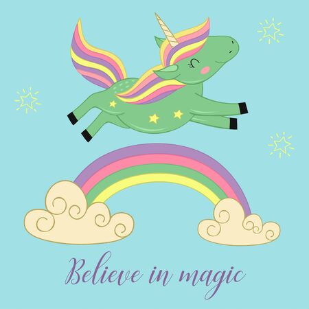 Card with unicorn over the rainbow.のイラスト素材