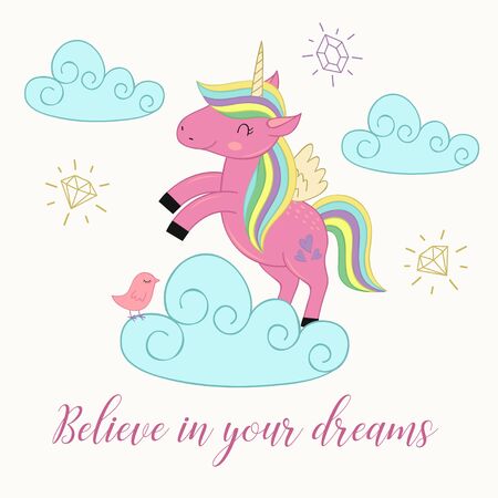 Card with unicorn on the cloud.のイラスト素材