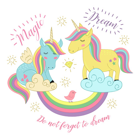 Card with unicorns on the rainbow.のイラスト素材