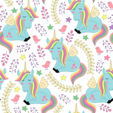 Seamless pattern with unicorn and bird - vector illustration, epsのイラスト素材