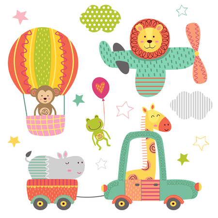 set of isolated transportation with baby jungle animals - vector illustration, epsのイラスト素材