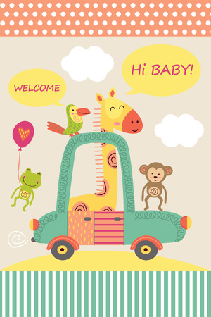 card with baby giraffe in car - vector illustrationのイラスト素材
