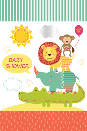 Card with baby jungle animals - vector illustration, eps.のイラスト素材