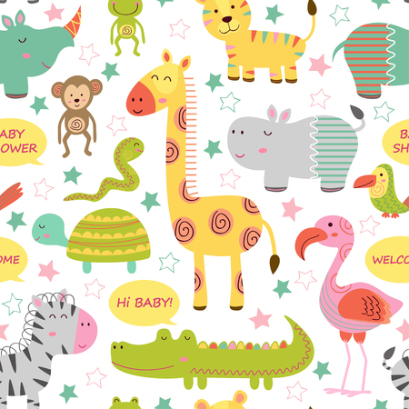 Seamless pattern with baby jungle animals on white background - vector illustration, eps.のイラスト素材