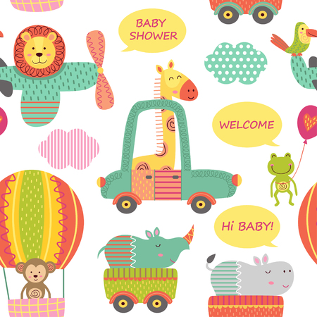 seamless pattern with baby jungle animals in transport - vector illustration, epsのイラスト素材