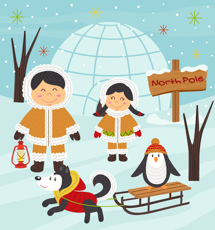 Eskimo boy and girl with arctic animals - vector illustration, epsのイラスト素材