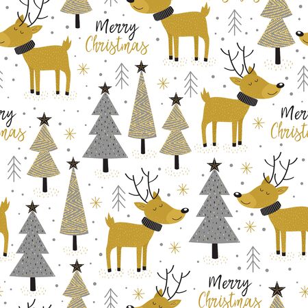 seamless pattern gold Christmas trees and deer - vector illustration.のイラスト素材