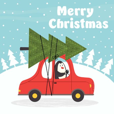 Merry Christmas card with penguin in car - vector illustration, epsのイラスト素材