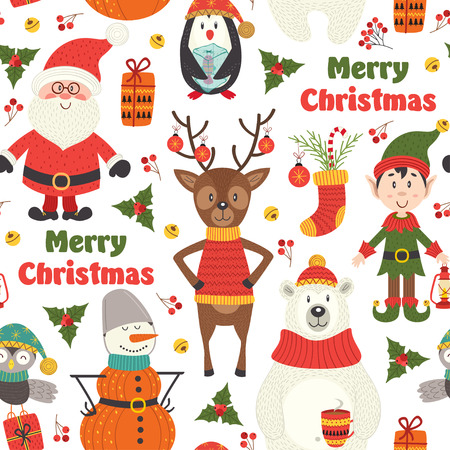 seamless pattern with Christmas characters on white background - vector illustration, epsのイラスト素材