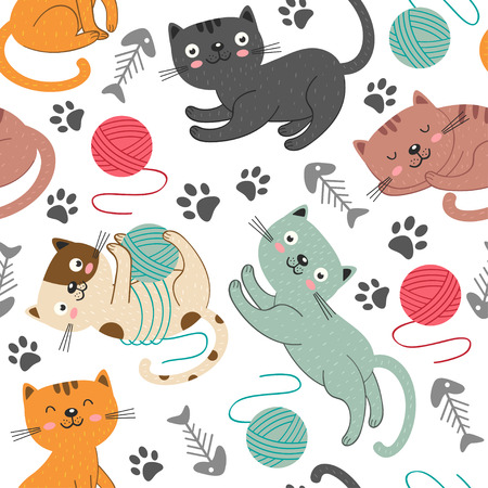 Seamless pattern with cheerful cats - vector illustration.のイラスト素材