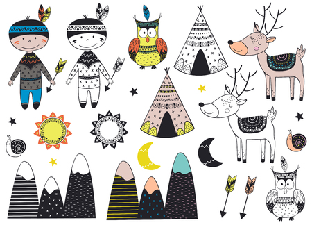 set of isolated tribal boy and animals in Scandinavian style - vector illustration, epsのイラスト素材