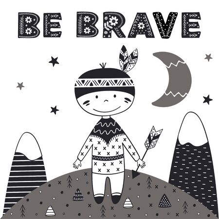 Brave tribal boy in Scandinavian style. Poster for childish print vector illustrationのイラスト素材