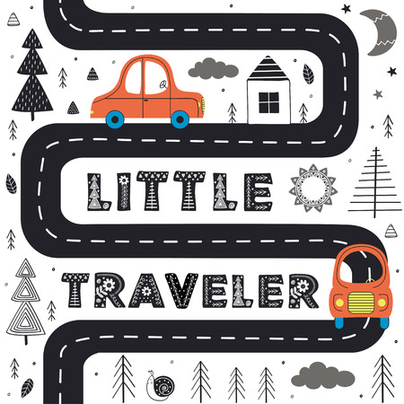 Car on the road in Scandinavian style. Poster, childish print, card - vector illustration, epsのイラスト素材