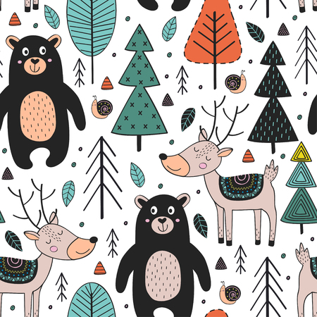 seamless pattern with animals in forest Scandinavian style - vector illustrationのイラスト素材