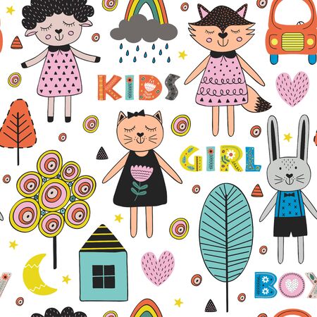 seamless pattern with cute animals in Scandinavian style - vector illustration, epsのイラスト素材