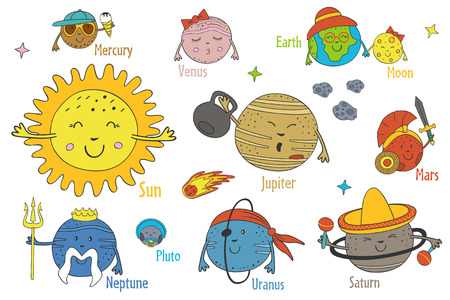 Set of isolated cartoon funny planets of the solar system.のイラスト素材