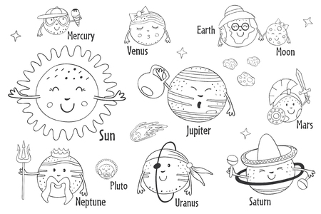 Set of isolated cartoon funny planets of the solar system in black and white illustration.のイラスト素材