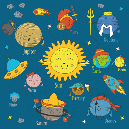 Set of isolated cartoon funny planets of the solar system.のイラスト素材
