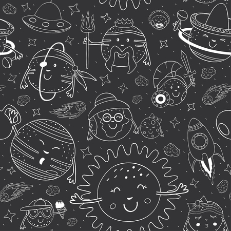 Seamless pattern with black and white cartoon solar system illustration.のイラスト素材