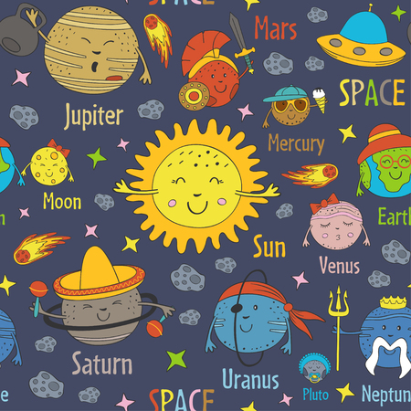 Seamless pattern with cartoon funny solar system and names of planets - vector illustrationのイラスト素材