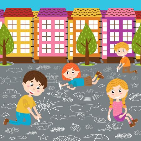 Children's drawing on asphalt vector illustration.のイラスト素材