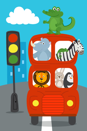 london red bus with animals on the road - vector illustration, epsのイラスト素材