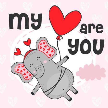 Valentine elephant flies on balloon - vector illustration.のイラスト素材