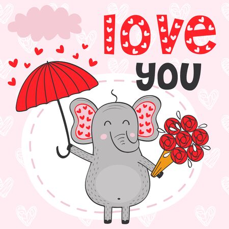 Valentine elephant under umbrella with bouquet of flowers. Vector illustrationのイラスト素材