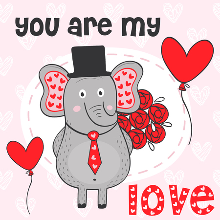 Valentine elephant with bouquet of flowers - vector illustration, eps.のイラスト素材